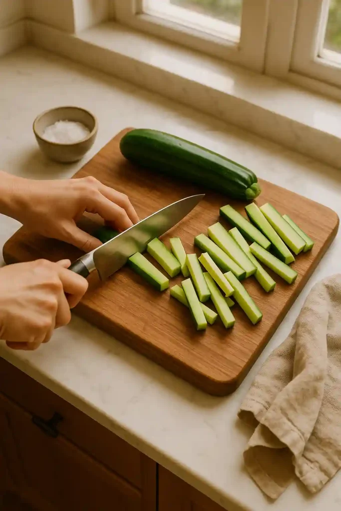 Slicing fresh zucchini into matchsticks on a wooden cutting board in bright marble kitchen.