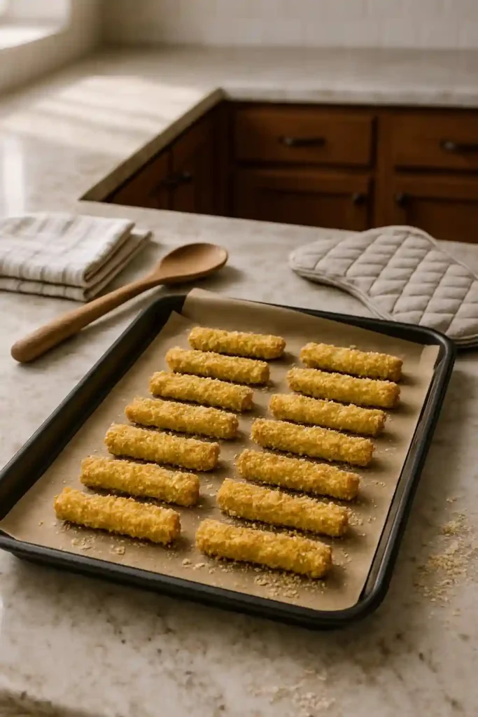 Breaded zucchini fries arranged on parchment-lined baking tray before baking.