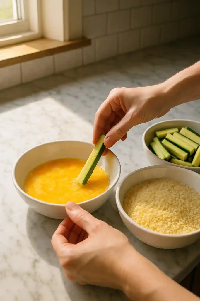 Breaded zucchini fries arranged on parchment-lined baking tray before baking.