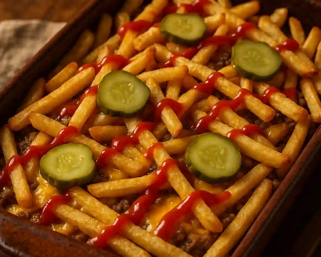Cheeseburger French Fry Bake in casserole dish