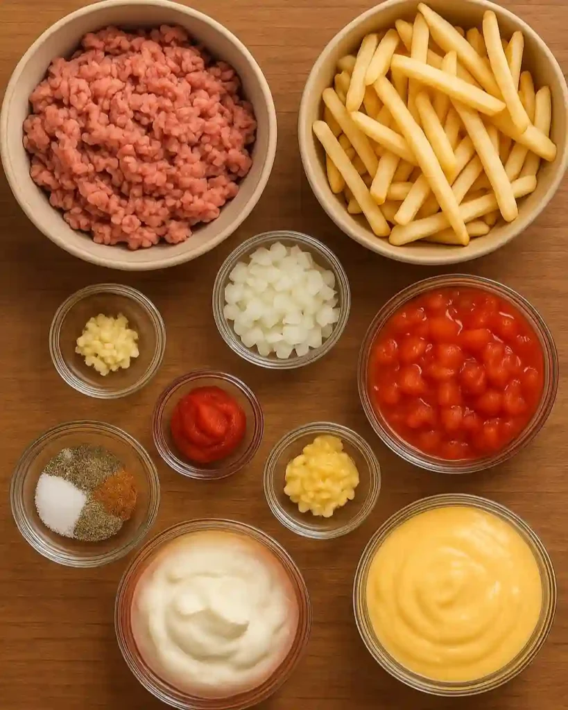 Cheeseburger French Fry Bake ingredients laid out
