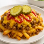 Serving of Cheeseburger French Fry Bake with toppings