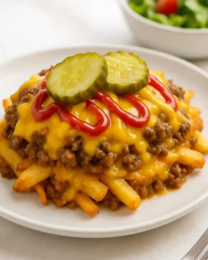 Serving of Cheeseburger French Fry Bake with toppings