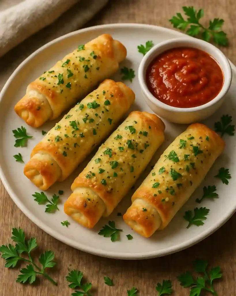 Cheesy Garlic Butter Rollups served with marinara sauce