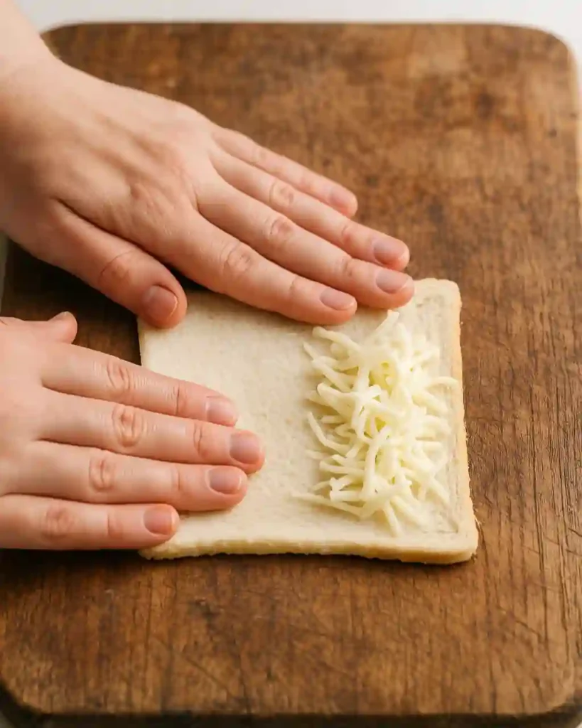 Rolling bread flat and adding mozzarella filling