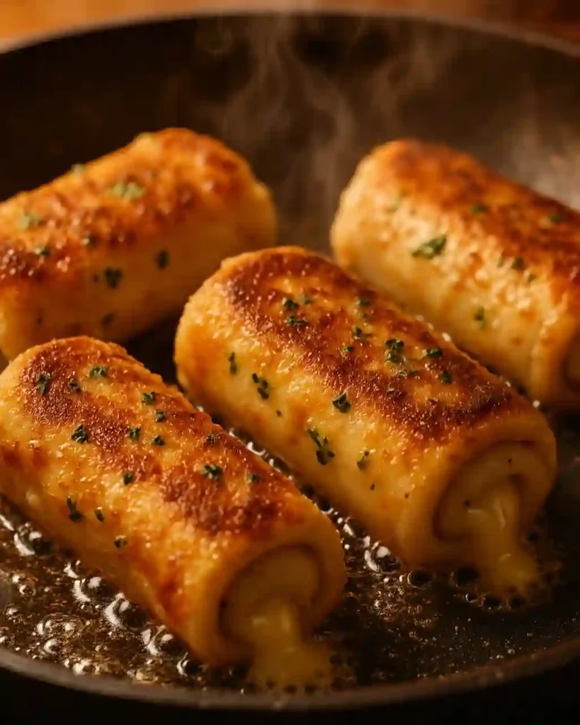 Cheesy Garlic Butter Rollups frying in pan