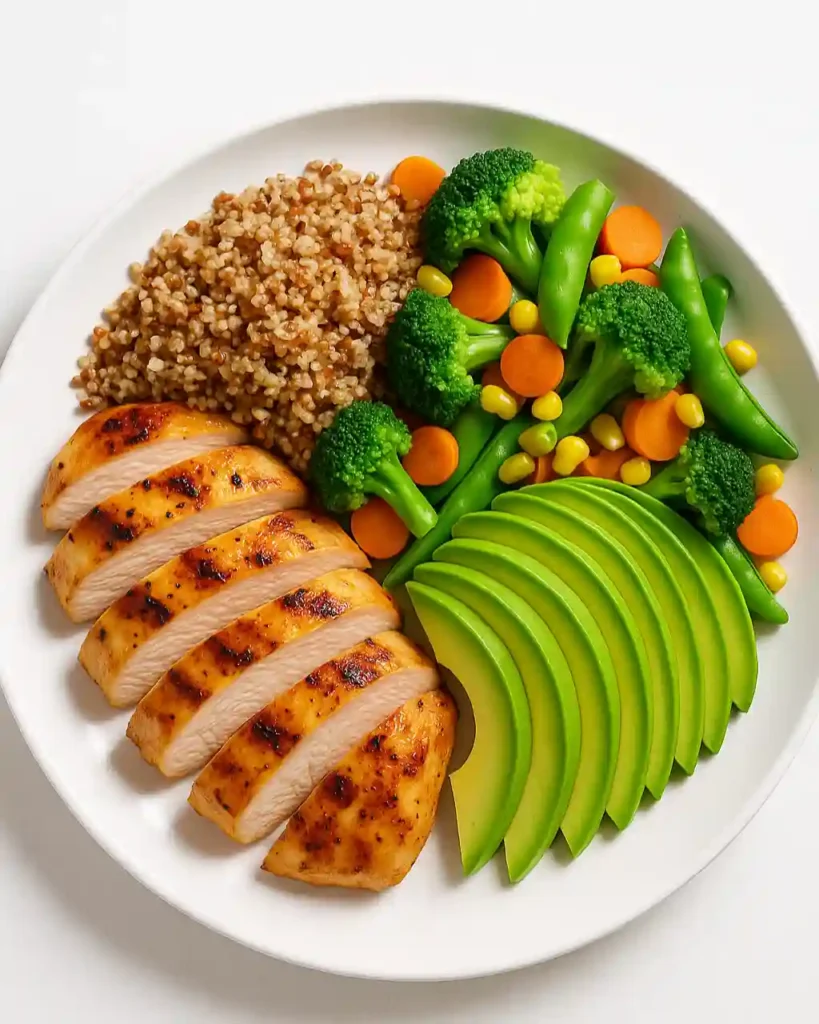 Healthy high-protein meal with grilled chicken, quinoa, and vegetables.