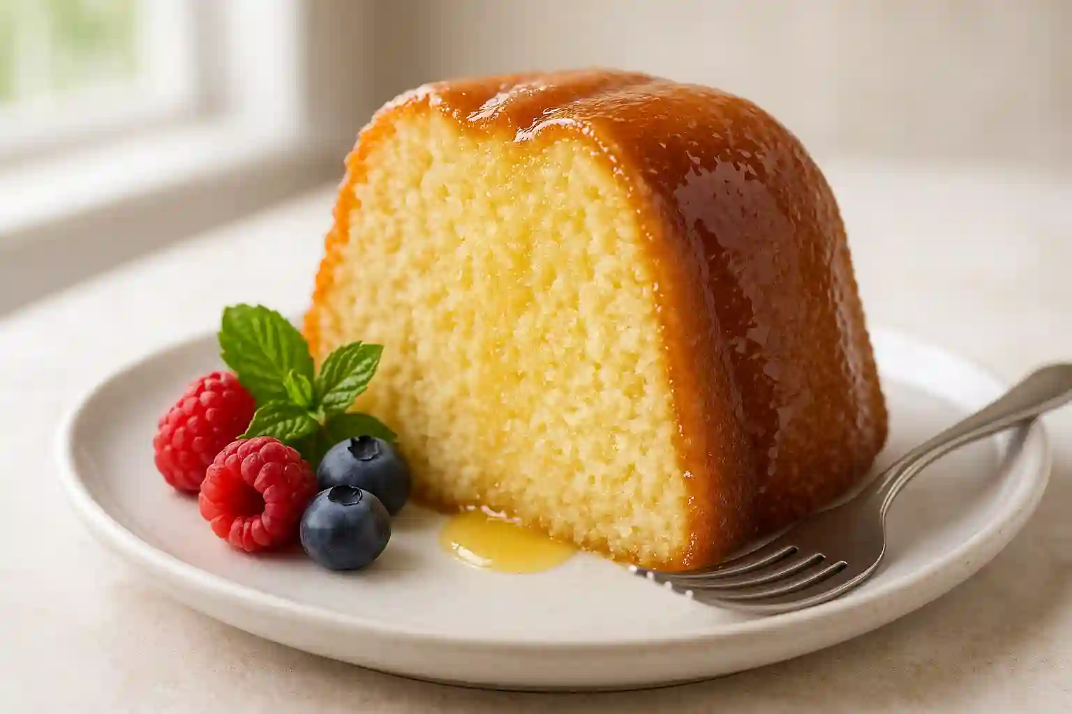 Slice of moist Kentucky Butter Cake on a white plate with shiny butter glaze and fresh berries.