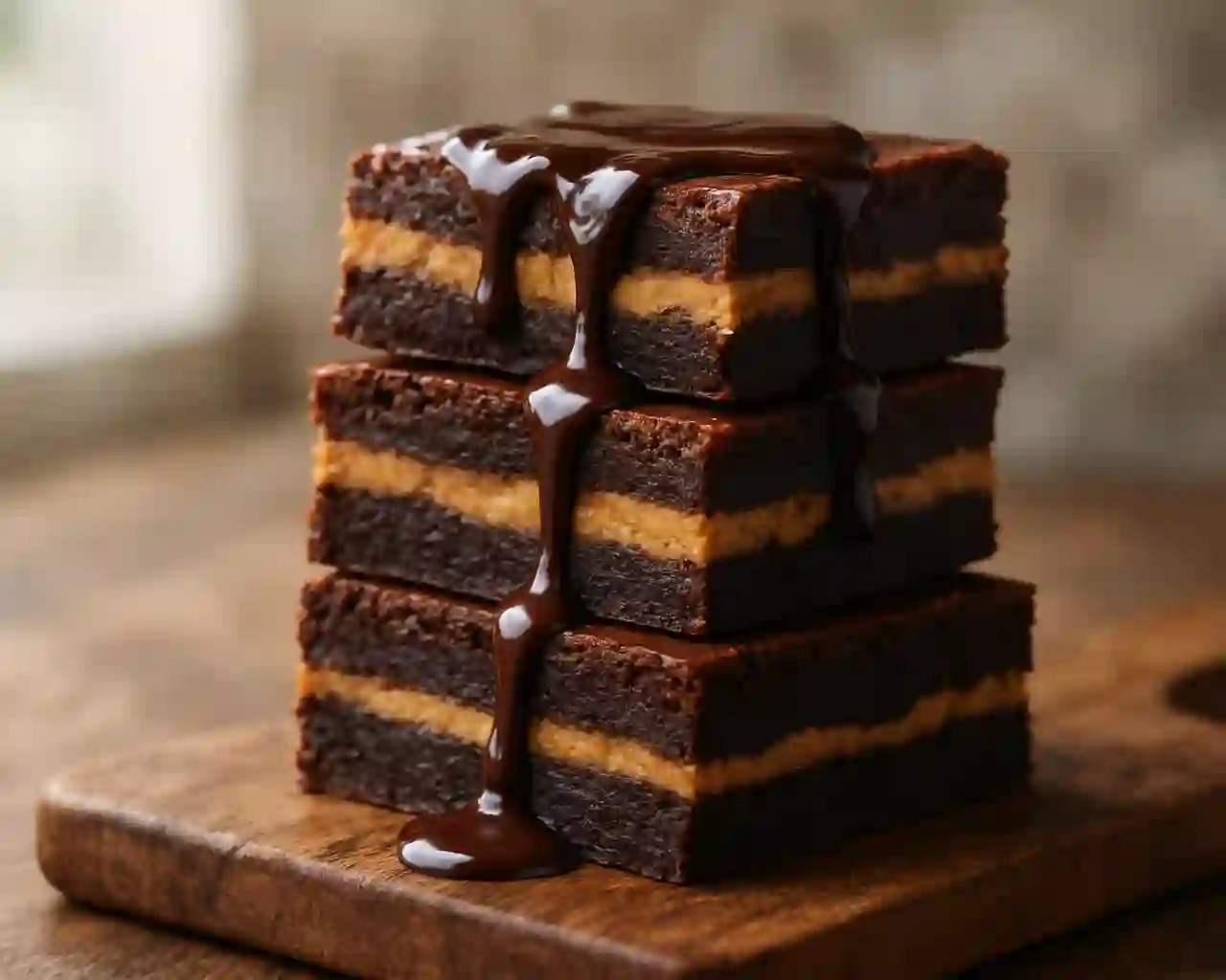 Peanut Butter Fudge Brownies stacked on board
