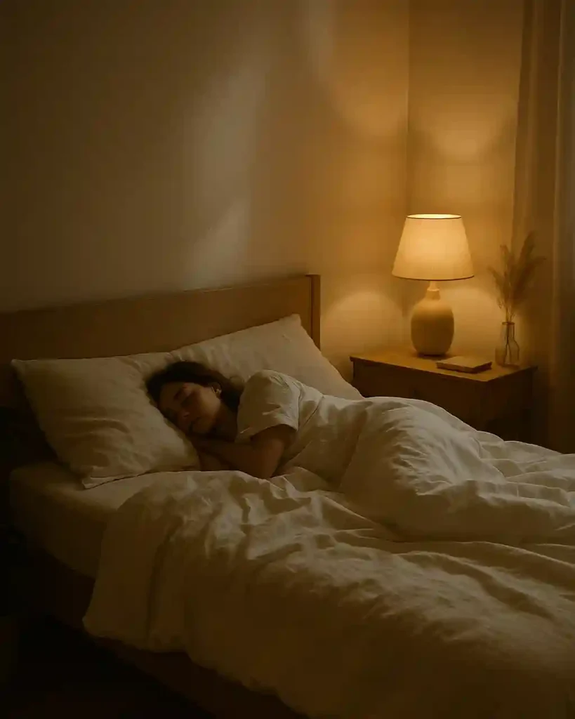 Peaceful woman sleeping deeply in cozy minimalist bedroom.