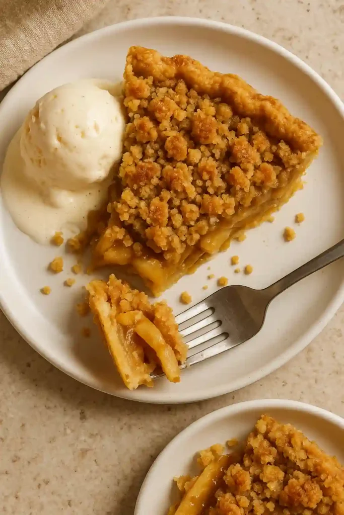 Slice of apple crumble pie with vanilla ice cream showing layered interior