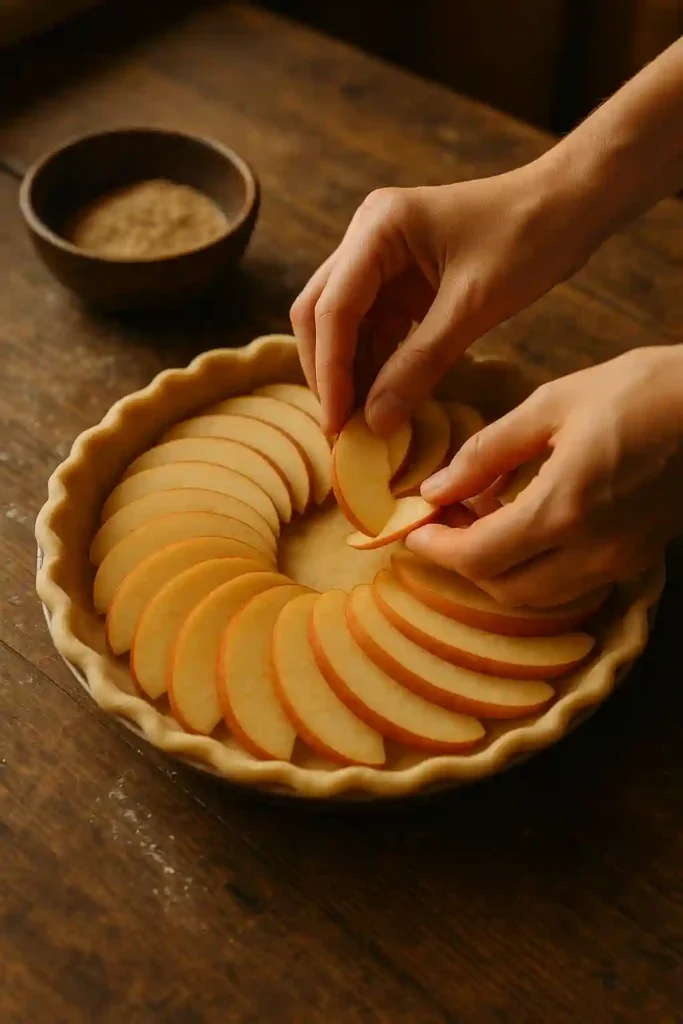 Preparing apple crumble pie filling with sliced apples in unbaked pie crust