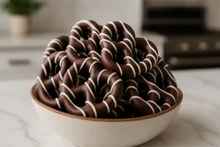 Bowl of chocolate covered pretzels with white chocolate drizzle on modern kitchen counter