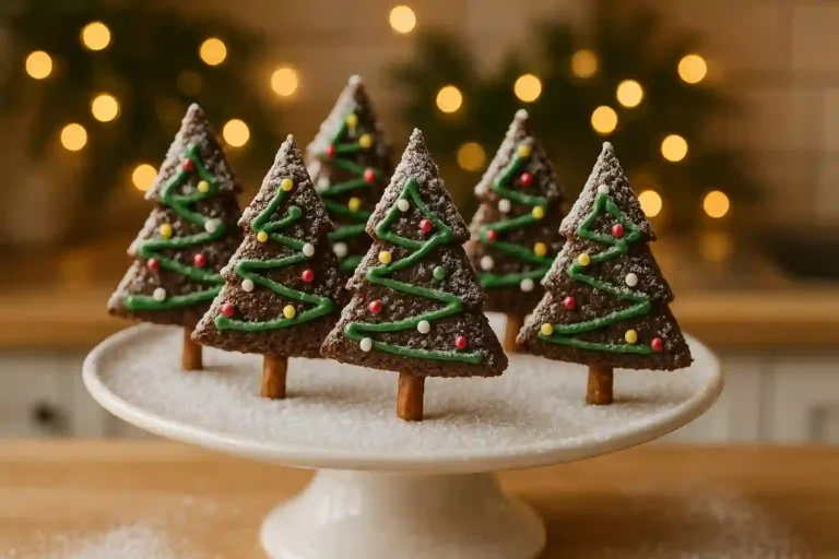 Christmas tree brownies displayed on white cake stand with powdered sugar snow effect for holiday party