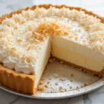 Complete coconut cream pie with slice removed showing layers of crust custard and whipped cream