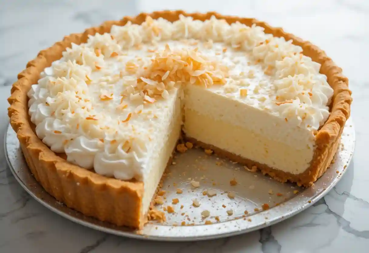 Complete coconut cream pie with slice removed showing layers of crust custard and whipped cream