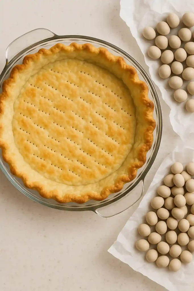 Golden brown blind baked pie crust with pie weights for coconut cream pie