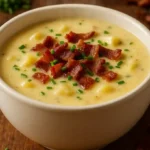 Steaming bowl of creamy potato soup garnished with fresh chives and crispy bacon on a rustic wooden kitchen table
