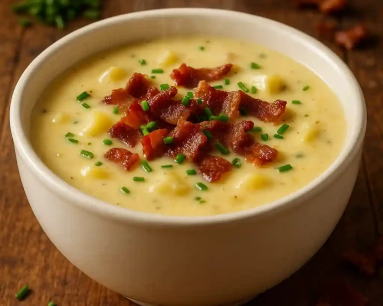 Steaming bowl of creamy potato soup garnished with fresh chives and crispy bacon on a rustic wooden kitchen table