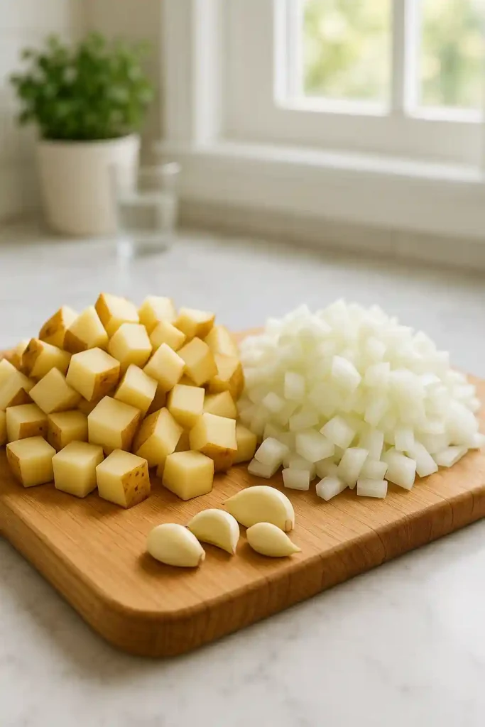 Diced russet potatoes and chopped onions arranged on a cutting board with garlic cloves in a bright kitchen setting