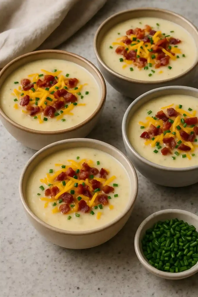 Multiple bowls of finished creamy potato soup with various toppings including cheese, bacon, and chives on kitchen counter