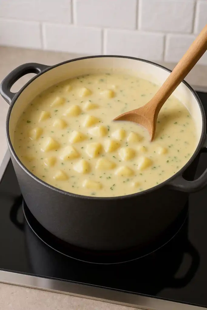 Large pot of creamy potato soup being stirred with a wooden spoon on a modern stovetop