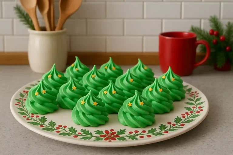 Finished Christmas tree meringue cookies decorated and ready to serve.
