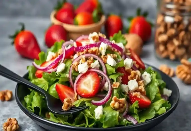 Fresh strawberry and goat cheese salad in white bowl with spring mix and balsamic glaze