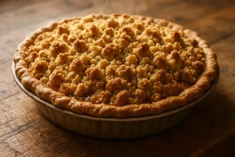 Freshly baked apple crumble pie with golden crumble topping on kitchen counter