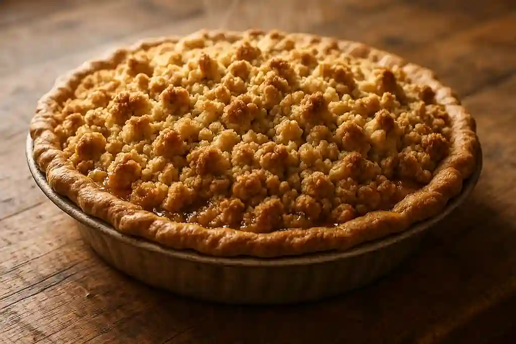 Freshly baked apple crumble pie with golden crumble topping on kitchen counter