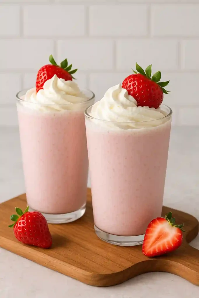 Two keto strawberry milkshakes with whipped cream and strawberry garnish