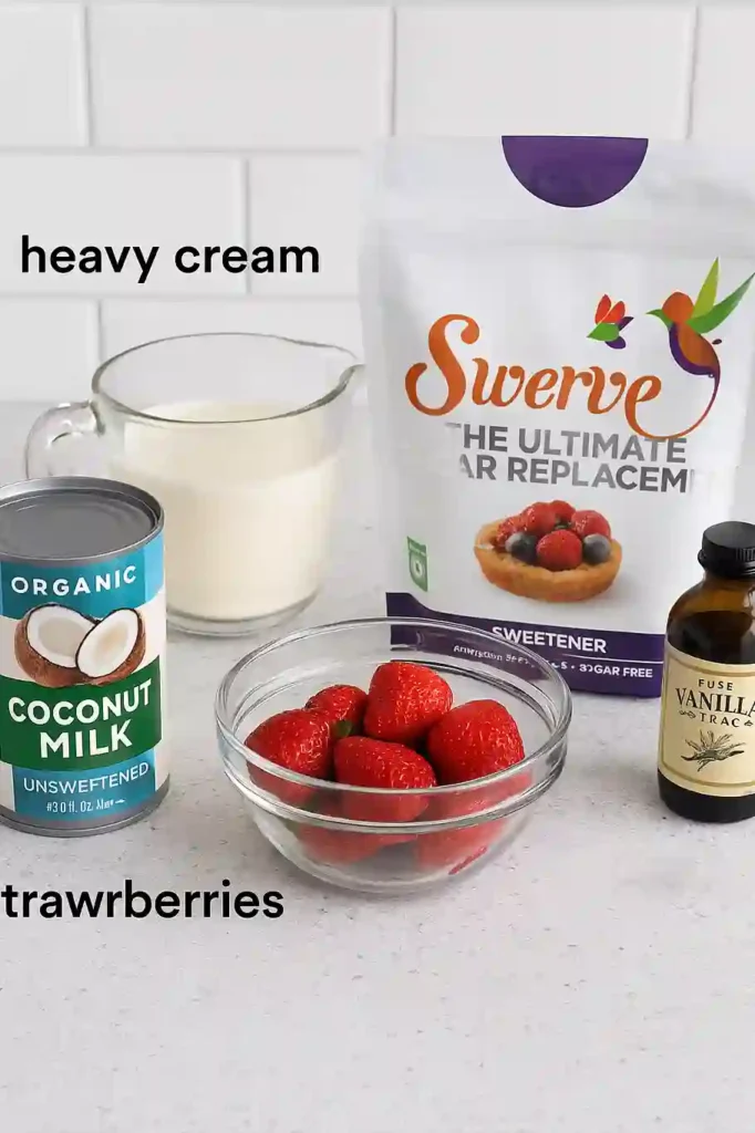 All ingredients for keto strawberry milkshake recipe displayed on counter