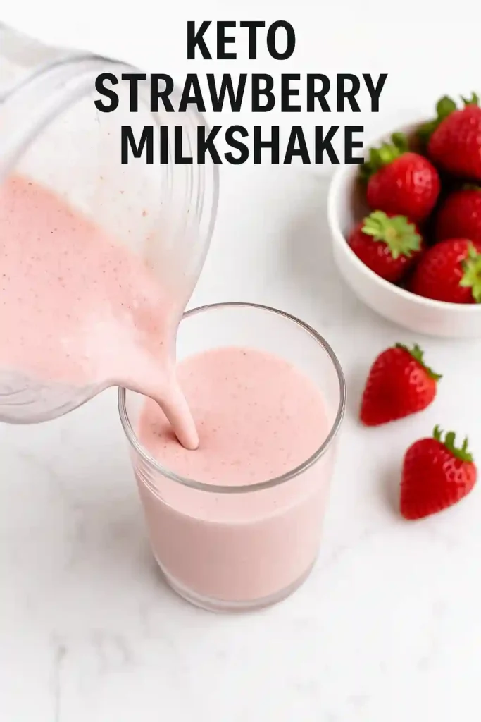 Pouring thick strawberry keto milkshake from blender into glass