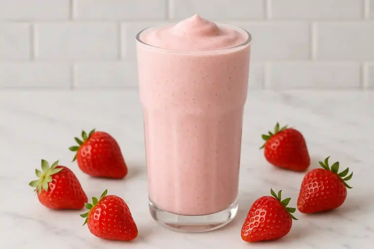 Creamy keto strawberry milkshake in glass with fresh strawberries