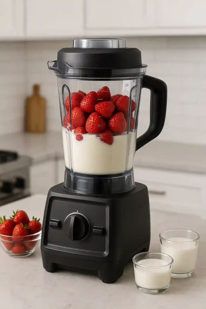 Blender with keto strawberry milkshake ingredients ready to blend