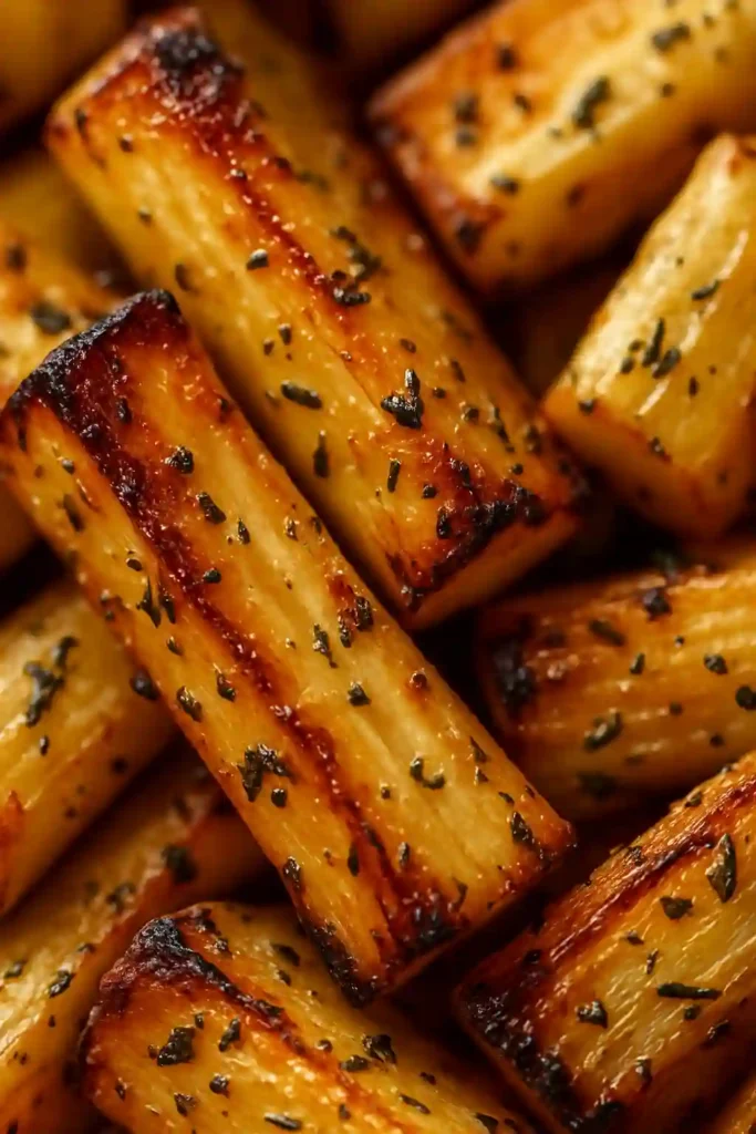 Close-up of caramelized roasted parsnips with herbs showing golden-brown herb crust