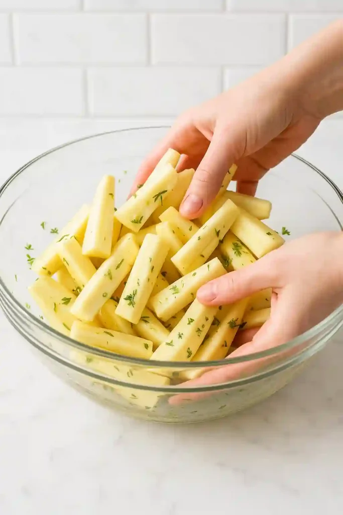 Preparing parsnips by coating with herbs and olive oil mixture in mixing bowl - roasted parsnips with herbs.