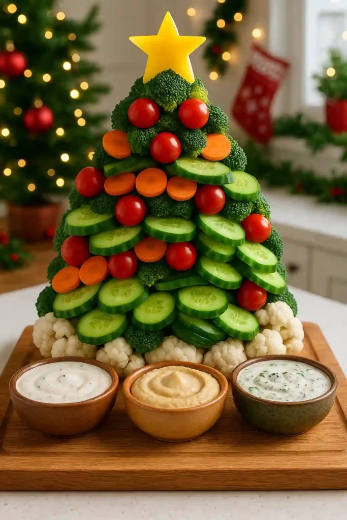 the veggie Christmas tree platter on the same wooden board in the festive kitchen