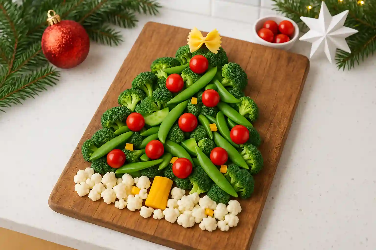 Overhead view of a completed veggie Christmas tree platter on a rustic wooden board in a bright