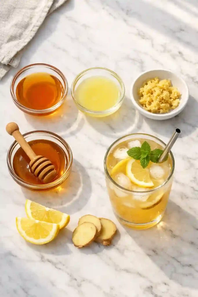 Overhead view of 4 ingredients mounjaro recipe, ingredients measured and prepared for wellness drink