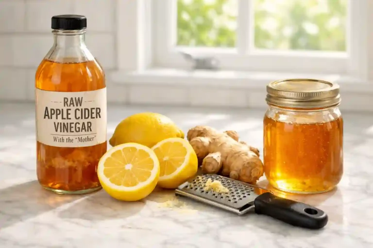 natural 4 ingredients mounjaro recipe arranged on kitchen counter: apple cider vinegar, fresh lemons, ginger root, and raw honey"