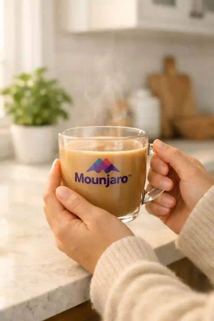 Person holding warm glass of natural mounjaro wellness drink in bright morning kitchen