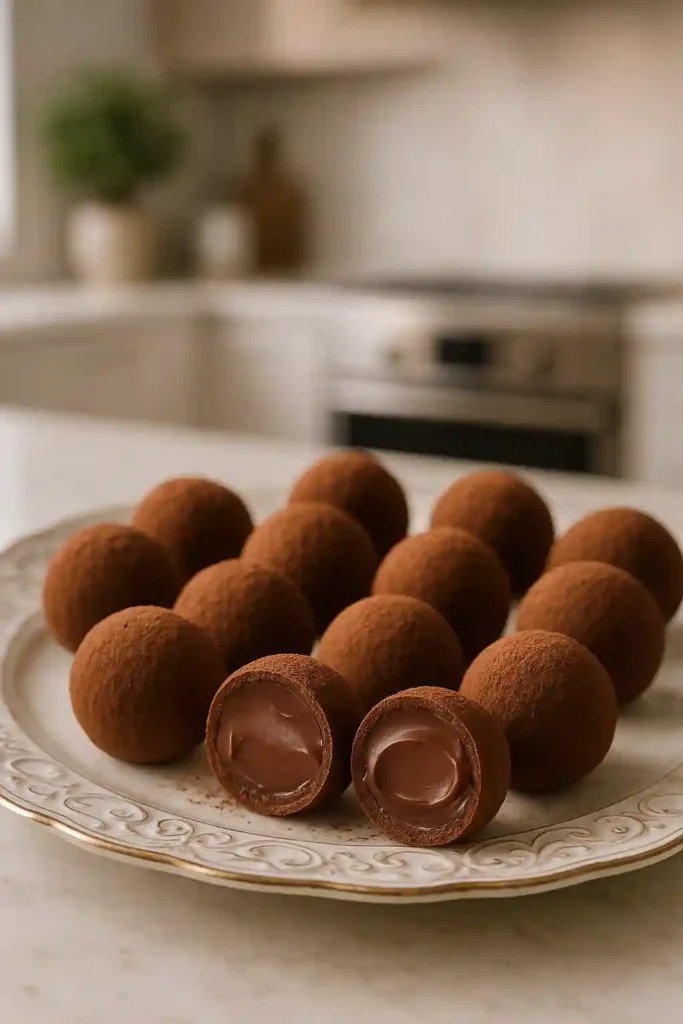 Chocolate truffles with one cut open revealing creamy ganache filling