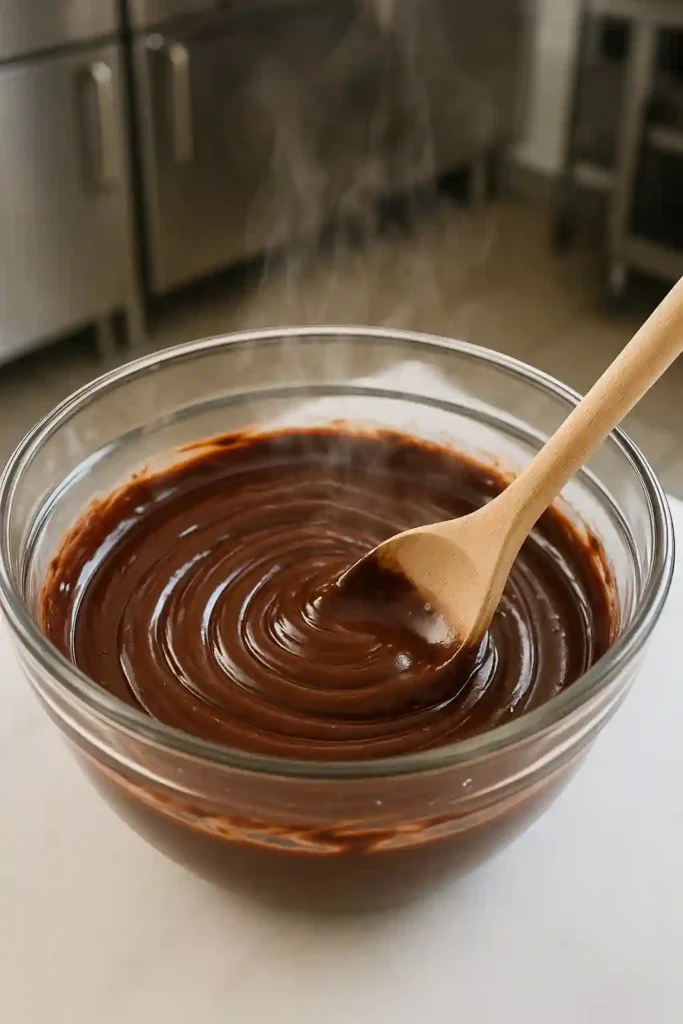 Smooth chocolate ganache being stirred in glass mixing bowl for homemade truffles