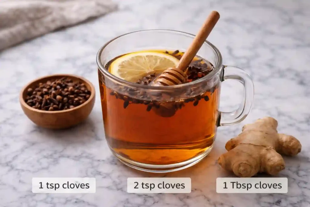Completed Clove Tea Recipe for Weight Loss with lemon and honey garnish alongside fresh ingredients