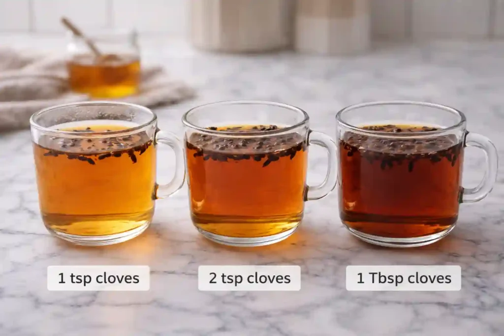 Clove tea strength comparison showing mild, medium, and bold preparations