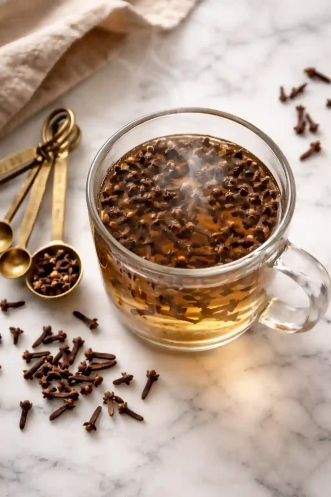 Whole cloves steeping in hot water showing tea brewing process