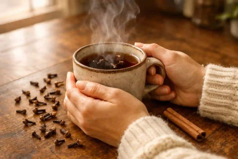 Hot clove tea in ceramic mug with whole cloves on rustic kitchen table