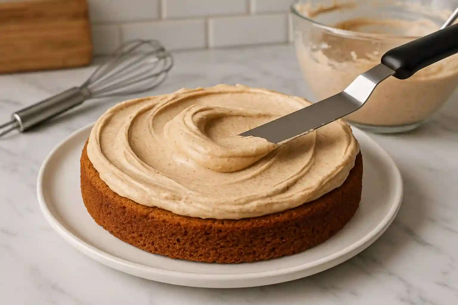 Spreading gingerbread buttercream frosting on cake layer with offset spatula