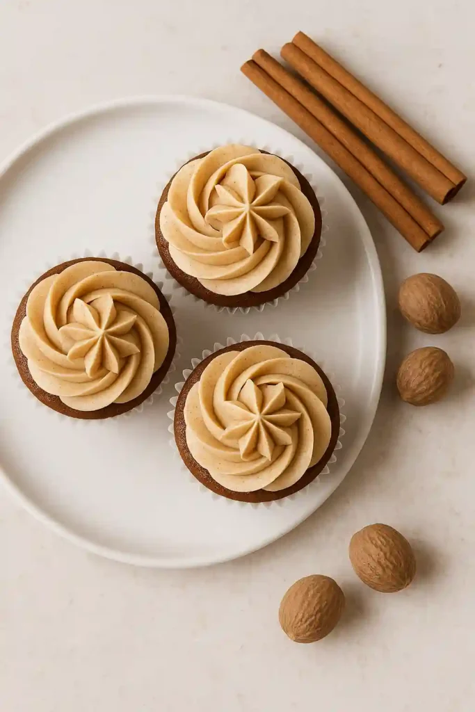 Piped gingerbread buttercream cupcakes with holiday spices